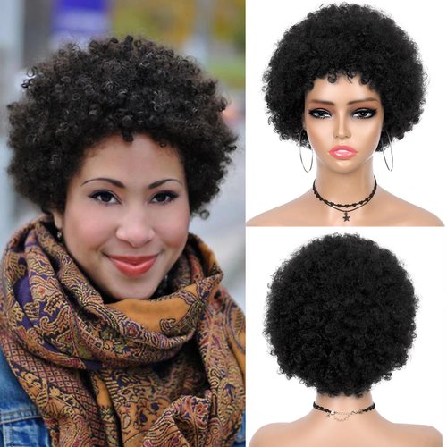 WIGER Short Human Hair Afro Kinky Curly Wigs for Black Women Pixie Cut Curly Wigs Black No Lace Curly Afro Hair African American Wigs Natural Looking 6.5 Inches