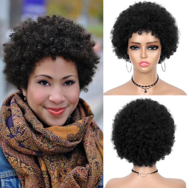 WIGER Short Human Hair Afro Kinky Curly Wigs for Black Women Pixie Cut Curly Wigs Black No Lace Curly Afro Hair African American Wigs Natural Looking 6.5 Inches