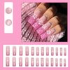 Hkanlre Pink Press on Nails Square Long Fake Nails Tips Full Cover Gradient False Flower Nails for Women and Girls 24PCS