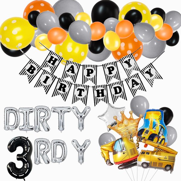 Dirty 3rdy Birthday Boy Decorations, Construction 3rd Birthday Decorations, Dirty 3rd-y Party Supplies, Construction Trucks Dump Truck Excavator Digger Balloons Banner for Third Three 3 Years Old Boys