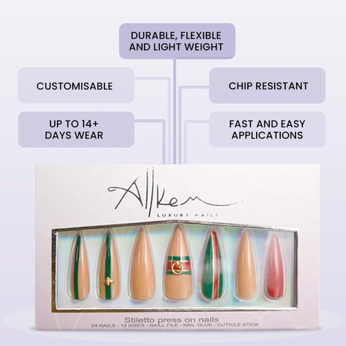 Allkem Bee Stripe Sculpted Stiletto Press on Nails | Glossy Extra Long Stiletto| 10 sizes - 20 pcs Nail kit with Glue