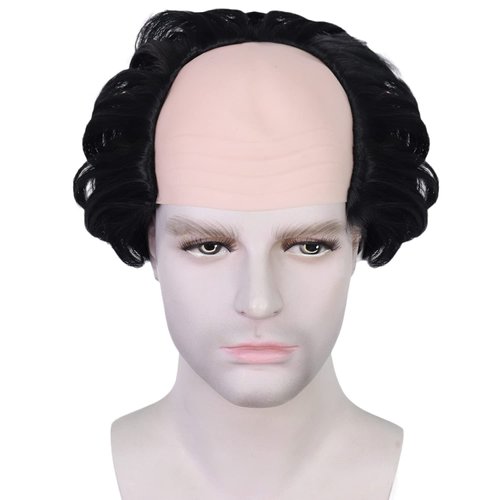 HUNIGIR Black Bald Wig Short Curly Old Man Wig Fluffy Bald Head Black Wig Synthetic Halloween Cosplay Costume Wig (Black)