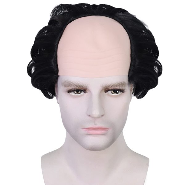 HUNIGIR Black Bald Wig Short Curly Old Man Wig Fluffy Bald Head Black Wig Synthetic Halloween Cosplay Costume Wig (Black)
