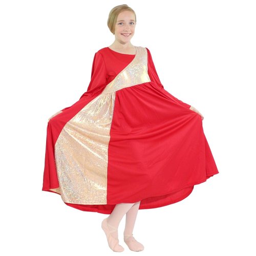 Danzcue Girls Shimmery Asymmetrical Bell Sleeve Dance Dress, Scarlet-Gold, 6X-7