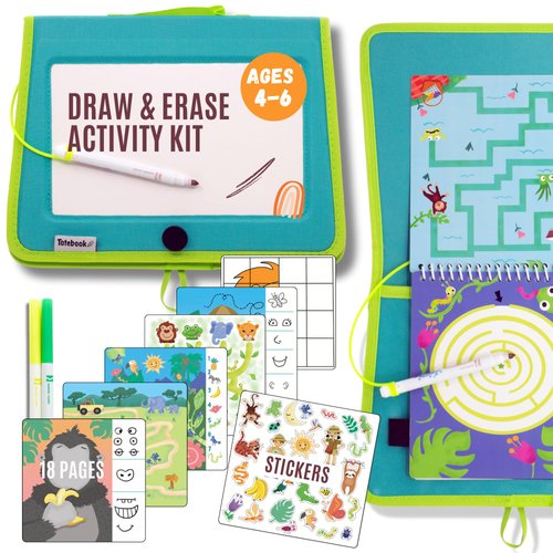 Totebook Kids Travel Educational Activity Book with Washable Markers - Car and Airplane Activities, Learning Toys for Toddlers- Search and Find, Reusable Stickers for Ages 4, 5, 6 (Jungle)