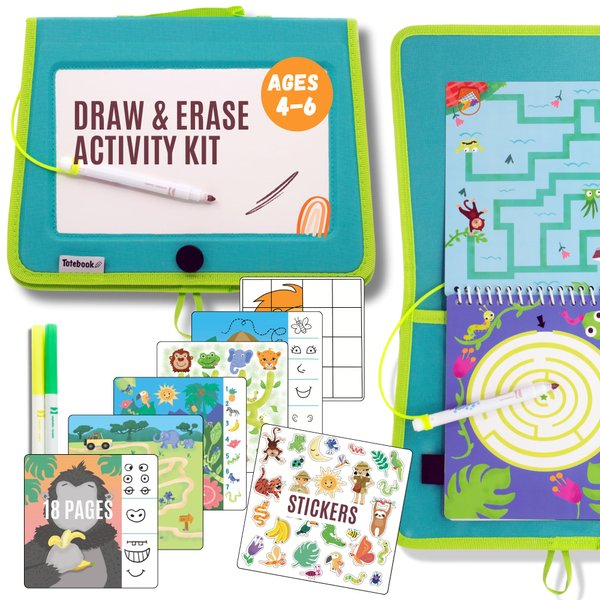 Totebook Kids Travel Educational Activity Book with Washable Markers - Car and Airplane Activities, Learning Toys for Toddlers- Search and Find, Reusable Stickers for Ages 4, 5, 6 (Jungle)