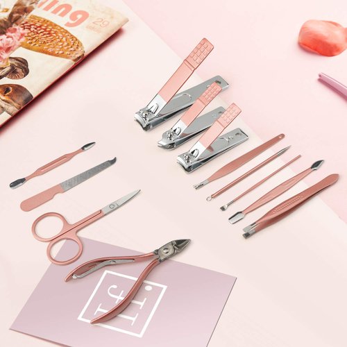 leiwo Manicure Set,Pedicure Kit Nail Scissors Stainless Steel Professional Toenails Cuticle Cutter Clipper Fingernails Grooming Kit with Pink Leather Travel Case (12pcs Pink)