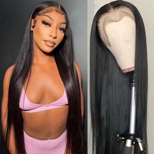 Bwoogre 13X4 Straight Lace Front Wigs Human Hair Pre Plucked HD Transparent Lace Front Wigs Human Hair Straight Brazilian Virgin Frontal Wigs Human Hair 180% Density for Women Natural Black (28 Inch)