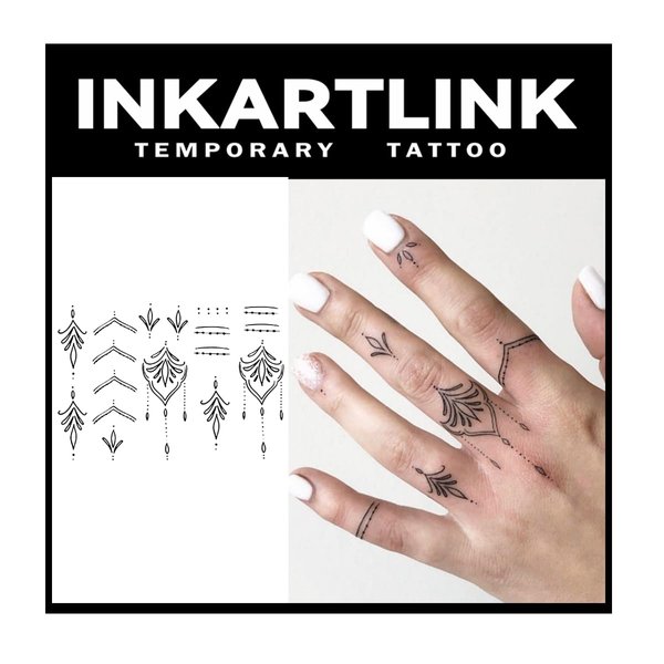 INKARTLINK Tattoo Tech, 2 Sheets Medium Semi Permanent Tattoo, Adult Art Design Temporary Tattoos, Lasts 1-2 Weeks, (Henna Finger Tattoo for Women 4)