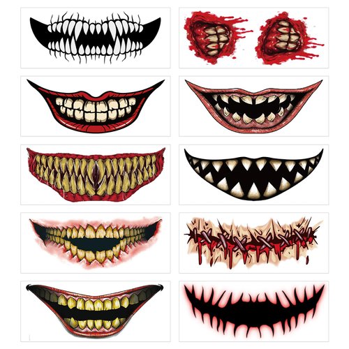Halloween Tattoos Face Tattoo Sticker Big Mouth Fake Tattoos Halloween Clown Horror Mouth Sticker Decals for Men Women Kids Cosplay Accessories 10 Sheet Halloween Party DIY Decorations Makeup Kit