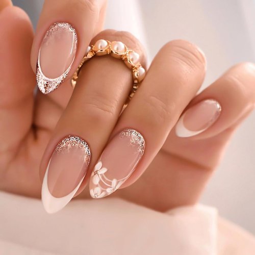 Leuhiove 24 Pcs Cute Pink French Tip Press on Nails Medium Length With Flowers Fake Nails Acrylic Glue on Nails Design Almond False Nails for Women and Girls