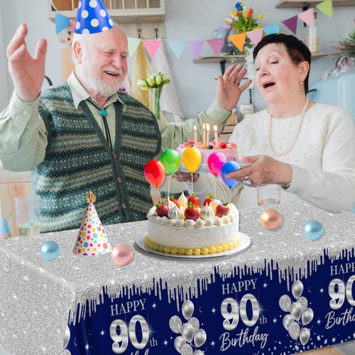 Guzbewu 90th Birthday Party Supplies for Men,3pcs Sliver Blue 90th Birthday Tablecloth Rectangle Happy 90th Birthday Table Cloth for Blue 90th Birthday Decorations