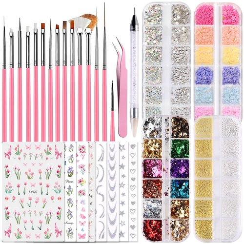 Fcozpjk Nail Design Kit, Nail Art Brushes Set Dotting Tools, Nail Art Kit With 3D Flowers Nail Charms Crystal Gems Caviar Beads, Gold Leafs Foil Flakes, Butterfly Nail Stickers French Tips Strips