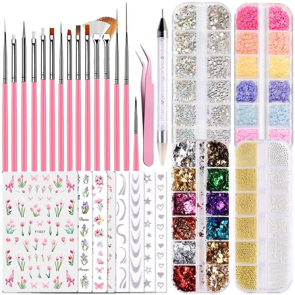Fcozpjk Nail Design Kit, Nail Art Brushes Set Dotting Tools, Nail Art Kit With 3D Flowers Nail Charms Crystal Gems Caviar Beads, Gold Leafs Foil Flakes, Butterfly Nail Stickers French Tips Strips