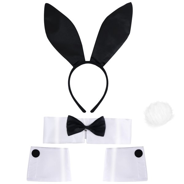 Goenb Bunny Costume, Bunny Costume Accessories Bunny Ears and Tail Collar Bow Tie Cuffs for Adult Women Men Halloween Easter Party
