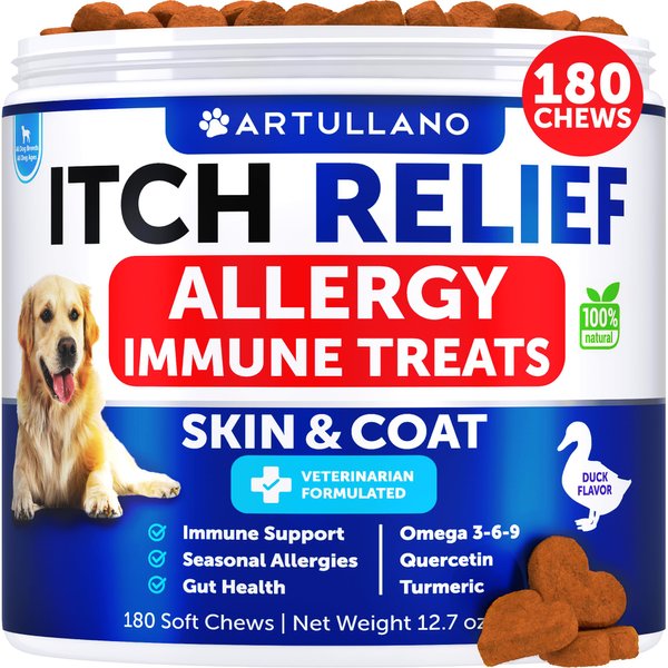 Dog Allergy Relief Chews - Itching Skin Relief for Dogs - Fish Oil - Omega 3 - Seasonal Allergies Pills - Skin & Coat, Anti Itch,Hot Spots Treatment - Canine Immune Health Supplement - 180 Soft Treats