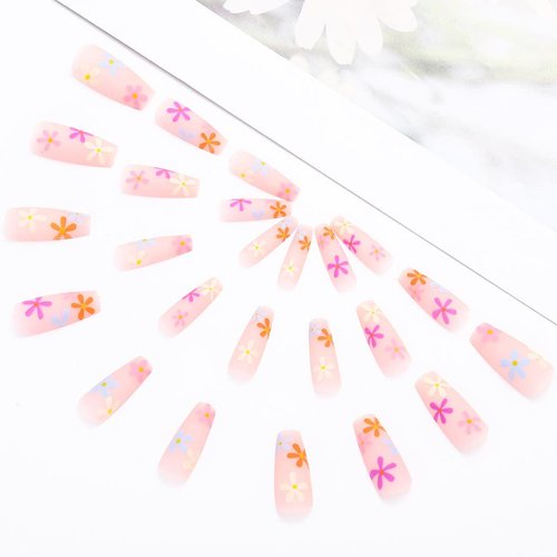 Aksod Colorful Press on Nails Matte Long Coffin Fake Nails Desinged Pink Artificial Flower False Nails Full Cover Rustic Ballerina Nails Tips for Women and Girls 24Pcs (C)