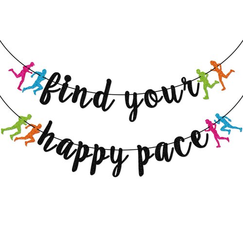 FOZEE Find Your Happy Pace Banner, Runner Party Decor, Running Race Glitter Banner, Running Birthday Party Banner, Marathon Party Decorations, Black Glitter