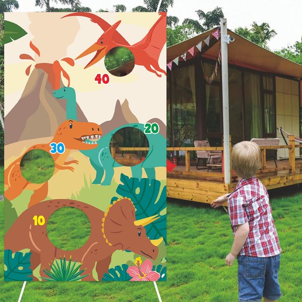 Tyrannosaurus Rex T-REX Tanystropheus Triceratops Pterodactylus Dinosaur Toss Games Banner Backdrop Volcano Tropical Dino Theme Decor Decorations for Safari Wild One Birthday Party Supplies Favors