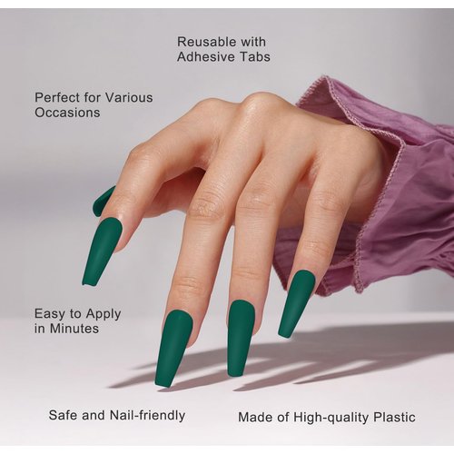 24Pcs Press on Nails for Women Girl, Solid Extra Long Coffin Fake Nails Artificial Fingernail, Reusable with Adhesive Tabs for Gift Parties Festival Makeovers (Dark Green)