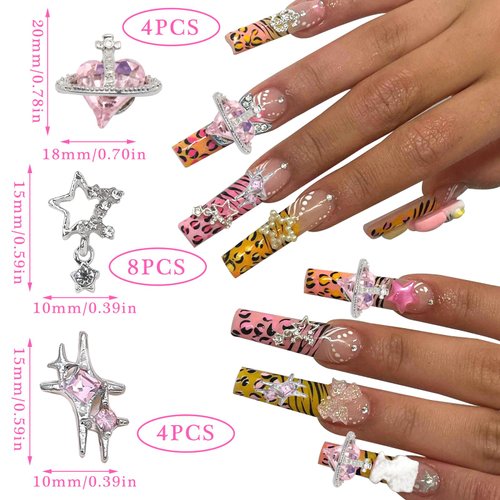 RODAKY 12PCS Silver Saturn Planet Nail Art Charms Pink Rhinestones 3D Alloy Star Saturn Shape Nail Art Supplies Shiny Nail Gems Jewelry Acrylic Accessories for Women and Girls