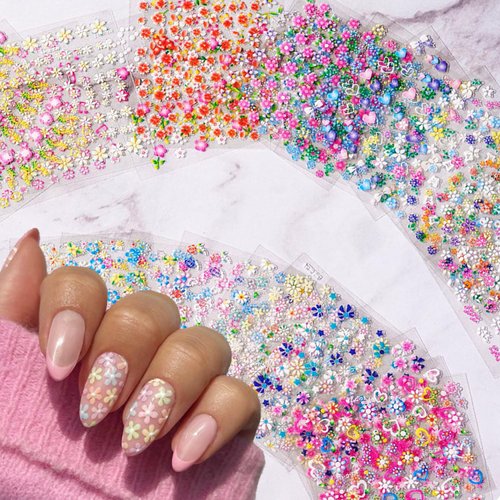30 Sheets Flowers Nail Art Stickers 3D Self-Adhesive Nail Stickers Colorful Flowers Rose Daisy Cherry Blossoms Nail Decals Spring Summer Nail Art Design Decoration Accessories for Women and Girls