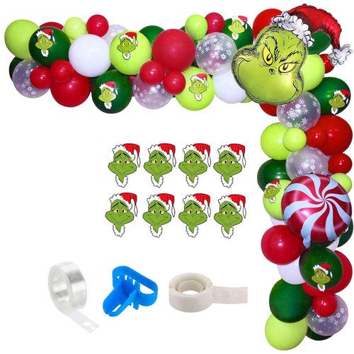Christmas Balloon Garland Arch Kit, 113pcs Red Green Snowflake Balloon Arch with Candy Mylar Balloons for Kids Christmas Party, Grinchmas Party, Christmas Birthday Decorations, New Year Decor
