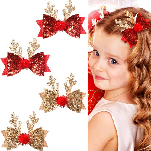 4 Pcs Christmas Hair Clips Xmas Bow Hair Accessories Cute Reindeer Antlers Ears Glitter Sequins Hair Barrettes Holiday Headdress Hairpin for Girls Women Kids Party Cosplay Gift