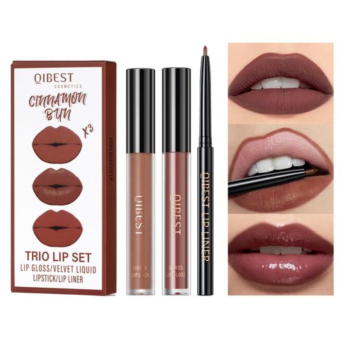 MAEPEOR All In One Lip Kit 3 In 1 Smooth Lipliner Lipgloss and Lipstick Set with Matte Velvet Liquid Lipstick Hydrating Moisturizing Lip Gloss and Creamy Lip Liner (Kit 03, Cinnamon Bun)