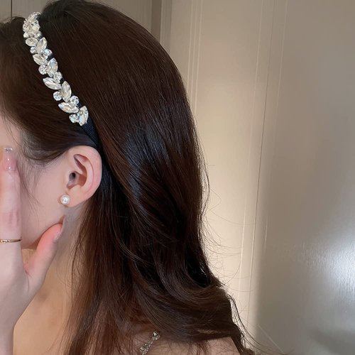 Jumwrit Rhinestone Headband Non-Slip Glitter Headband Square Rhinestone Flower Leaf Shape Headband Fashion Hair Band Silver Hair Hoop for Women Girls(Style 2)