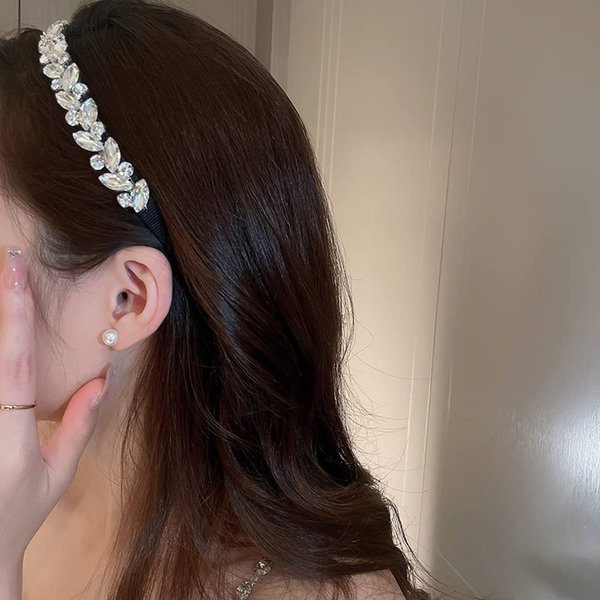 Jumwrit Rhinestone Headband Non-Slip Glitter Headband Square Rhinestone Flower Leaf Shape Headband Fashion Hair Band Silver Hair Hoop for Women Girls(Style 2)