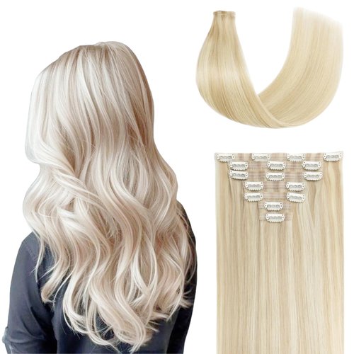 FUOTONBUTY Clip in Hair Real Human Hair Double Stitched 7pcs Golden Blonde to Light Blonde Human Hair Clip in Extension Seamless Clip in Hair Extensions 90g Invisible Clip in Hair Extensions 20 Inch