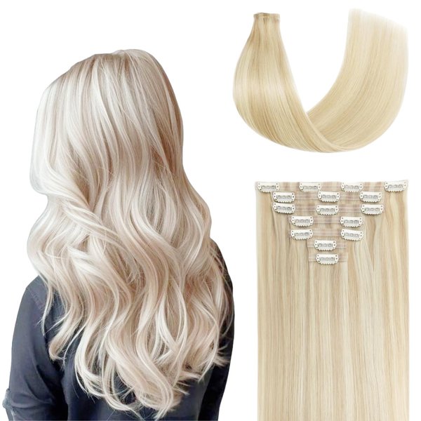 FUOTONBUTY Clip in Hair Real Human Hair Double Stitched 7pcs Golden Blonde to Light Blonde Human Hair Clip in Extension Seamless Clip in Hair Extensions 90g Invisible Clip in Hair Extensions 20 Inch