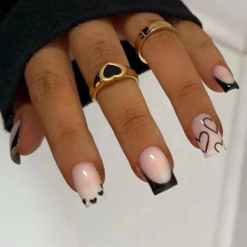 French Tip Press on Nails Short Square Fake Nails Black Acrylic Nails with White Heart Design Stick on Nails Artificial Full Cover Glossy Glue on Nails for Women Girls Valentine's Day Manicure 24pcs