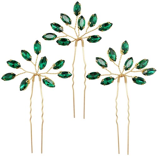 PRETTYLIFE Crystal Bridal Hair Pins 3 Pieces Rhinestone Flower Headpieces Wedding Hair Accessories for Bride Bridesmaids Women (Emerald Green)