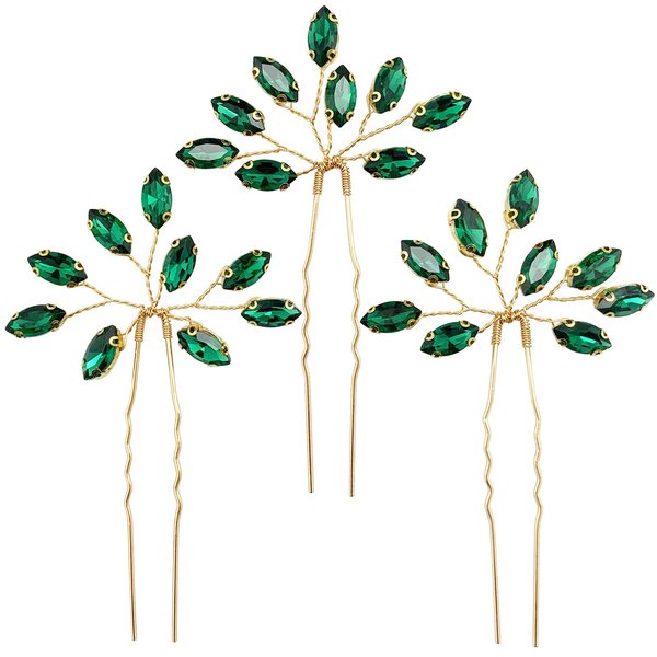 PRETTYLIFE Crystal Bridal Hair Pins 3 Pieces Rhinestone Flower Headpieces Wedding Hair Accessories for Bride Bridesmaids Women (Emerald Green)