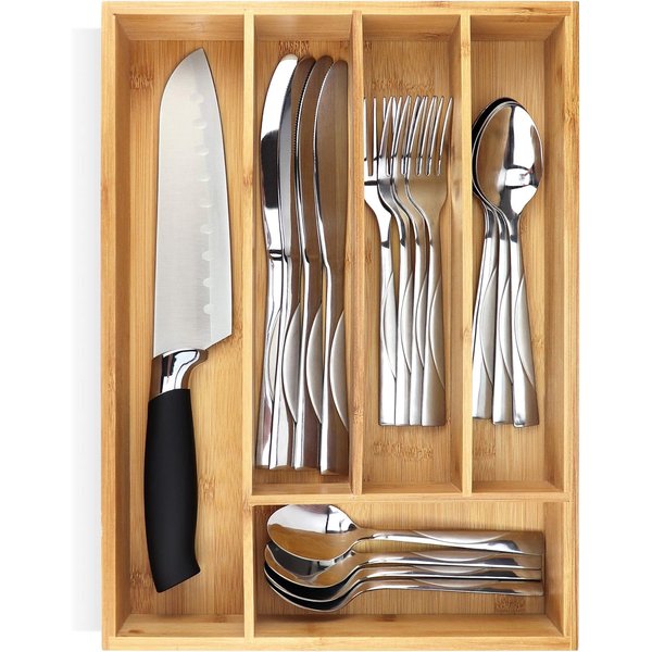 Pristine Bamboo Silverware Organizer– Utensil Organizer for Kitchen Drawers – Small Extra-Deep Wooden Kitchen Drawer Organizer Divider for Spoons Forks Knives cutleries - 5 Slots