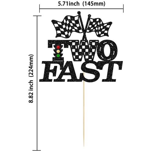 Gyufise 1Pcs Two Fast Birthday Cake Topper Black Glitter Checkered Flag Racing Car 2nd Birthday Cake Pick for Let's Go Racing Theme Boys Girls Kids Second Birthday Party Cake Decorations Supplies