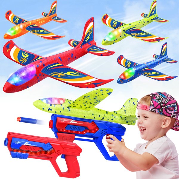 Boys Toys Age 4-6 6-8 8-10, Airplane Launcher Toys, 4 Foam Glider Led Planes with 2 Launchers and More, Kids Outdoor Flying Toys, Christmas Birthday Gifts for Boys Girls 4 5 6 7 8 9 10 11 12 Year Old
