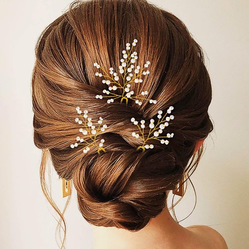 Foryysa Bridal Wedding Hair Pins for Women Gold Rhinestone Pearl Vine Headpiece Elegant Flower Handmade Headwear Sparkly Design (3 pcs)