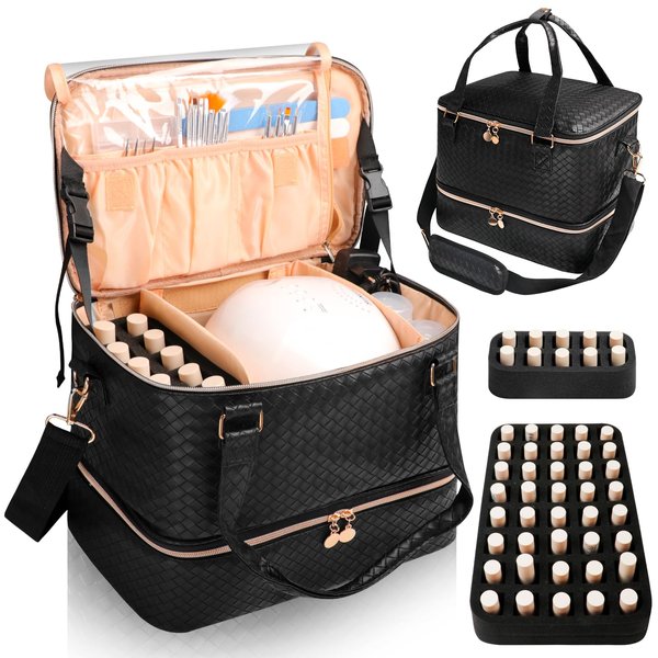 SIYNPAV Nail Polish Organizer Bag Holds 50 Bottles (15ml/0.5 fl.oz)& Nail Lamp, Vegan Leather Nail Kit Storage Case with Holder Staps, Portable Nail Supplies Organizer for Manicure Tools (Black)