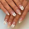 White French Tip Press on Nails Almond Medium Fake Nails with White Pearls Bow Designs Pink Full Cover Glue on Nails Press ons Acrylic False Nails Glossy Stick on Nails for Women Girls 24pcs