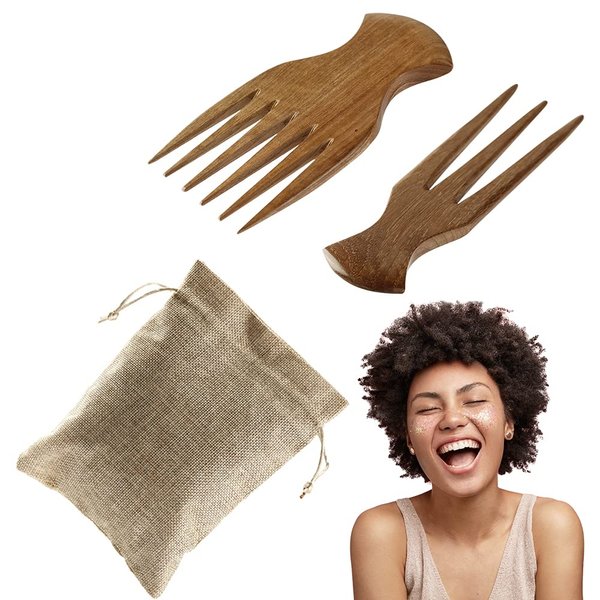 WOOD MASTER HUT Afro Comb - Anti-Breakage 4C Hair Tool, Wide Tooth Wooden Comb for Curly and Natural Hair, Medium Afropick, 2 Pieces