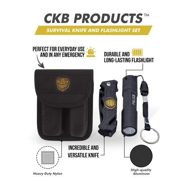 Barton Outdoor Survival Knife and Flashlight Set - Black Finish - Police - LED Light - 3.5" Blade - Seat Belt Cutter, Glass Breaker in Black Nylon Case with Logo on Knife Handle and Pouch