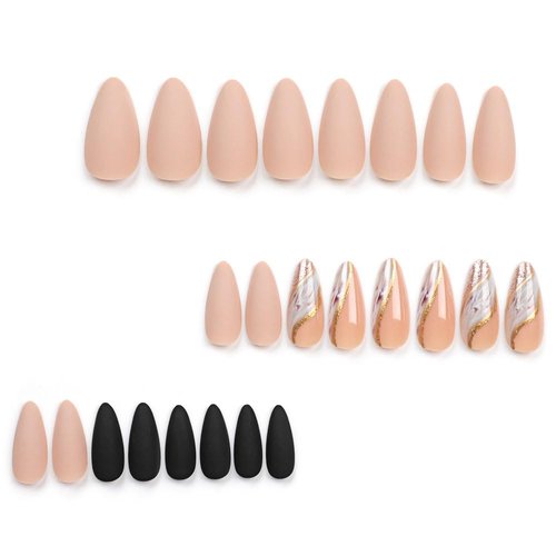 Almond Press on Nails Short Medium BAOYAALIN, Glitter Fake Nails with Gold Swirl Design Gel Glue on Nails for Women Girls Full Cover Acrylic Artificial False Stick on Nail for Wedding 24Pcs