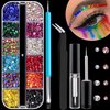 Round Flatback Face Gems Kit (Colorful) for Makeup with Quick Dry Glue + Brush + Tweezer, Nail Art Rhinestones Mixed Color Iridescent Chameleon Glass Crystal Beads for Make-up Deco