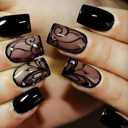 LPOODDNU Square Press on Nails Black Medium Fake Nails Black Vine Flower Glue on Nails Cute Acrylic Stick on Nails for Women and Girls 24Pcs