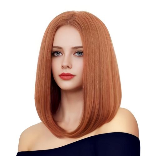 Rugelyss Copper Red Auburn Bob Wigs for Women, 14 Inches Ginger Wig with Middle Part Synthetic Hair Wig for Daily Party or Cosplay