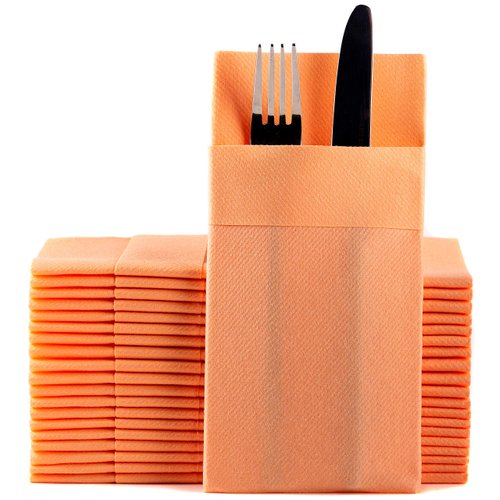 Peach/Apricot Dinner Napkins Cloth Like with Built-in Flatware Pocket,Linen-Feel Absorbent Disposable Paper Hand Napkins for Kitchen,Bathroom, Parties,Weddings,Dinners or Events,1/8 Fold, Pack of 50