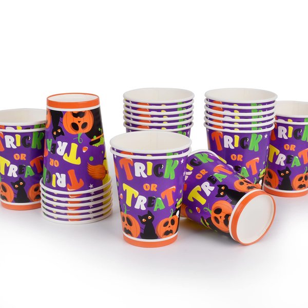 Gatherfun Halloween Party Supplies Witch and Pumpkin Disposable Paper Cups for Halloween Party Trick or Treat Party Decorations, 9 oz, 50 Pack